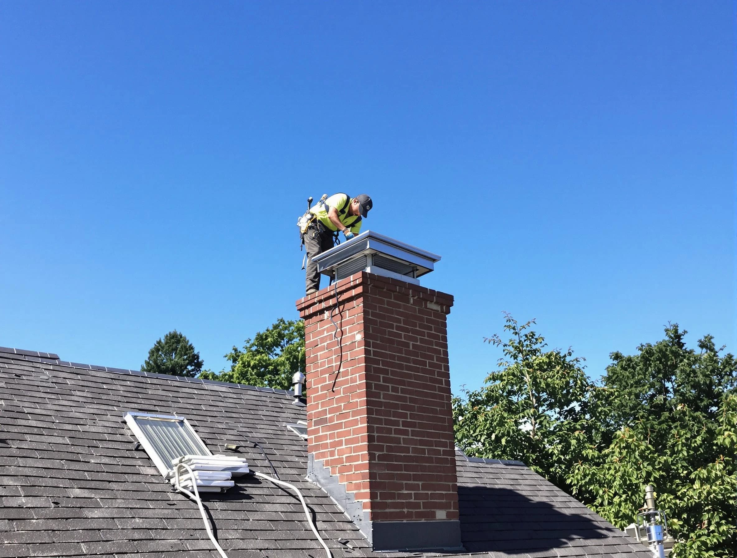 Hillsborough Chimney Sweep technician measuring a chimney cap in Hillsborough, NJ